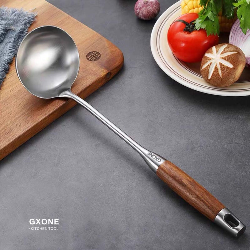 GXONE Soup Ladle 304 Stainless Steel Cooking Ladle Spoon Wok Tools with Long Wooden Handle Heat Resistant Silver/14.6Inch - Image 5